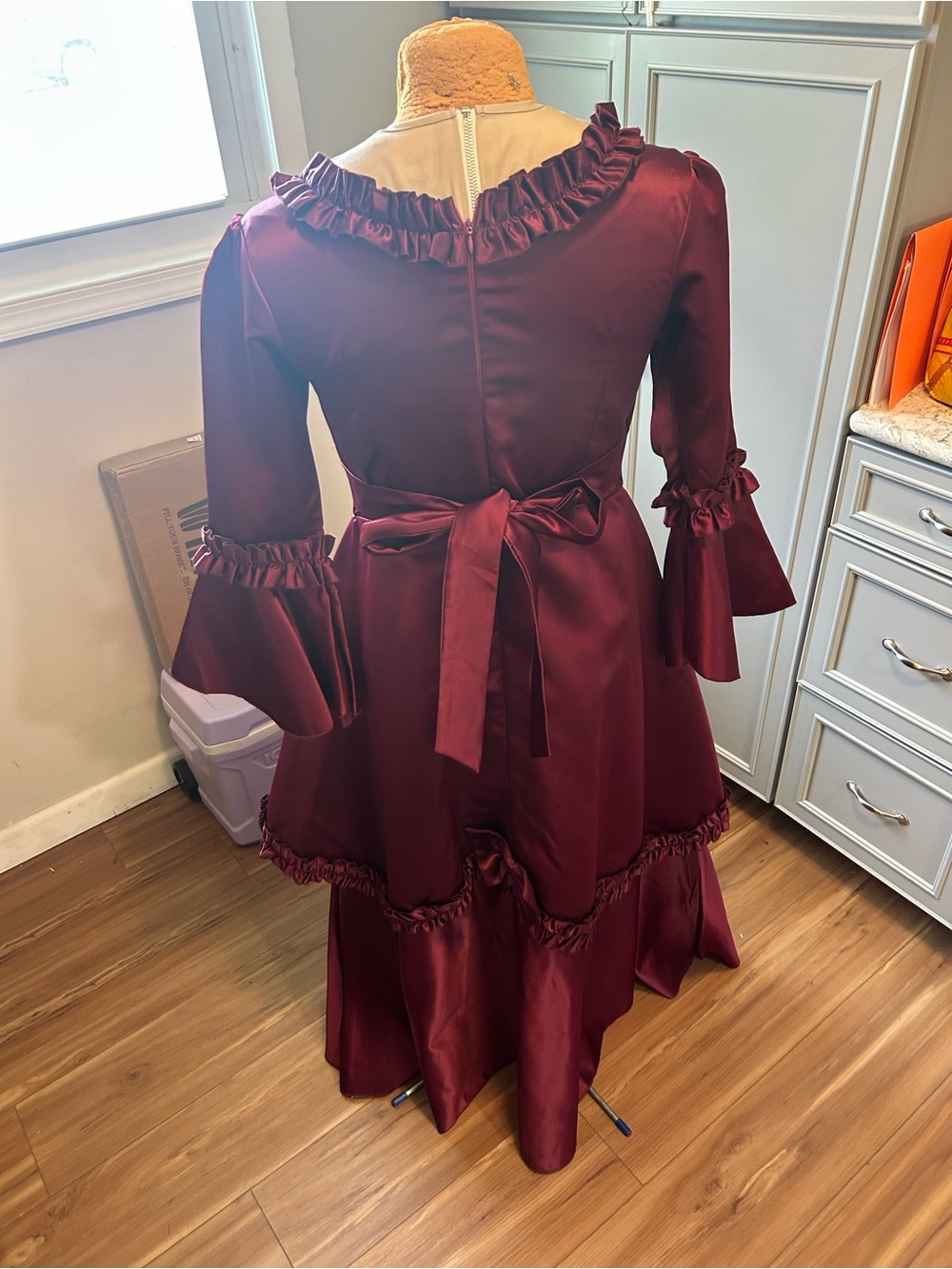 Vintage Inspired Victorian Burgundy Ruffle Gown with Bows Size Sm - Picture 2 of 4